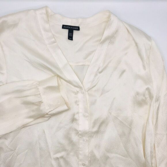 Eileen Fisher Silk Long Sleeve V Neck Blouse Classic Ivory Preppy Women's Size M - Picture 5 of 12